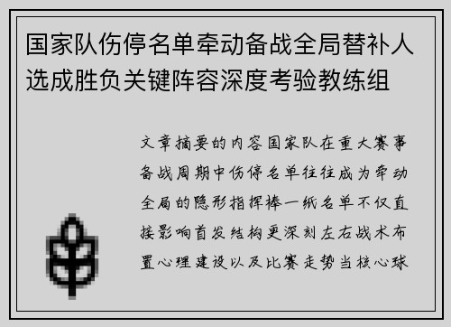 国家队伤停名单牵动备战全局替补人选成胜负关键阵容深度考验教练组 国家队伤停名单牵动备战全局替补人选成胜负关键阵容深度考验教练组